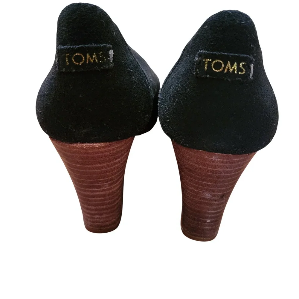 TOMS 7 Black‎ Suede Desert Wedge Peep Toe High Heels Shoes MICHELLE Espadrille